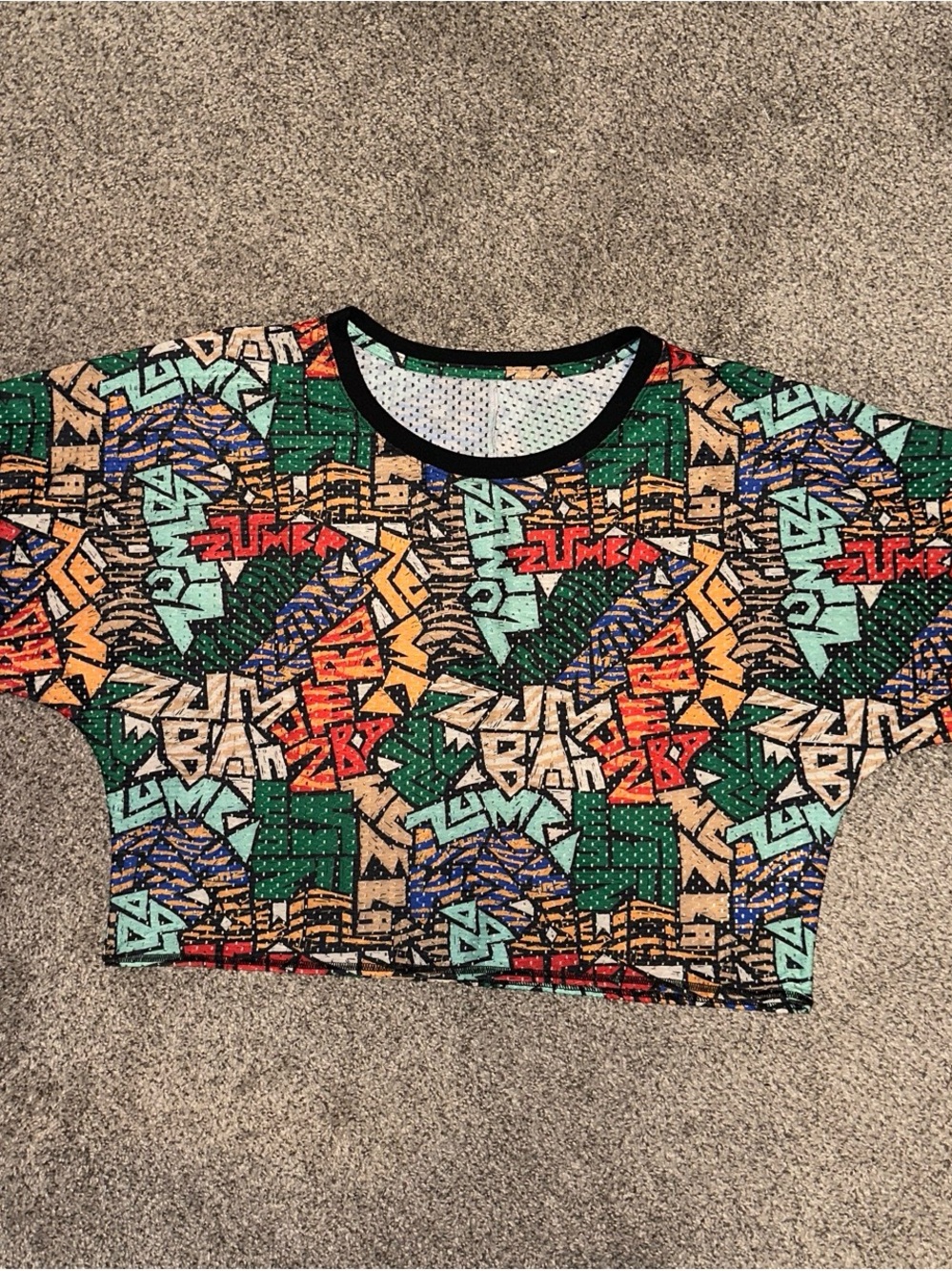Zumba Fitness Multicolor Graphic Mesh Crop Top with Black Trim